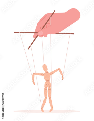Wood puppet on strings. Manipulation on work, social life or family. Giant hand manipulated wooden marionette. Politic doll theater racy vector concept