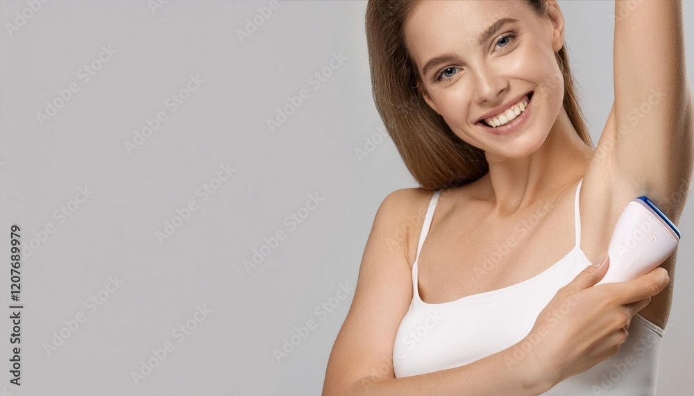 Young beautiful woman show smooth shaved armpits on grey color background with copy space. Laser epilation, electroepilation Young beautiful woman show smooth shaved armpits on grey color background with copy space. Laser epilation, electroepilation