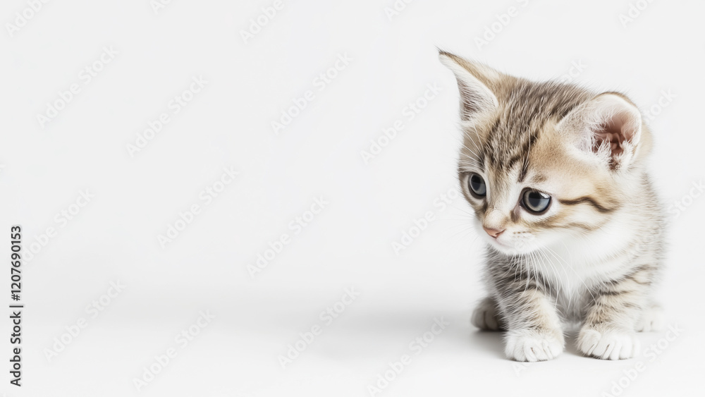 Fototapeta premium Tiny tabby kitten looking down on white background with copy space cute baby cat portrait studio shot