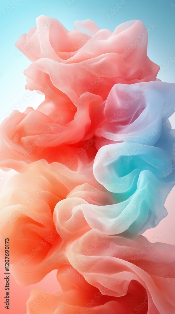 Fototapeta premium Colorful swirls of translucent fabric dance in the light, creating a dreamy and ethereal atmosphere in pastel hues. Generative AI
