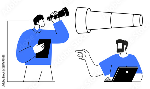 Two individuals engaged in exploration and data analysis using a telescope and a laptop one looks through a telescope, the other points while using a laptop. Ideal for discovery, forecasting