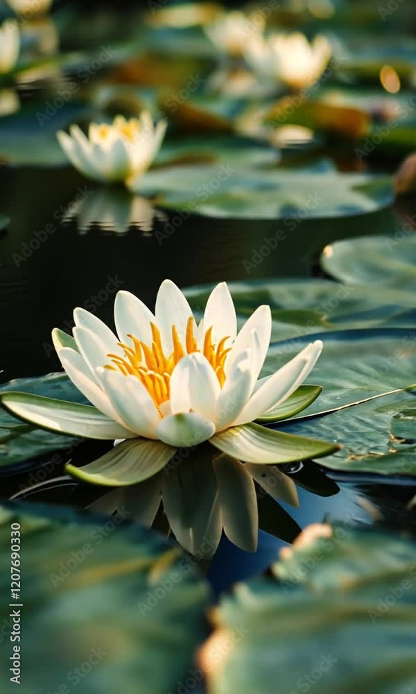 Single white water lily blooming on a pond's surface among green lily pads. Single white water lily blooming on a pond's surface among green lily pads.
