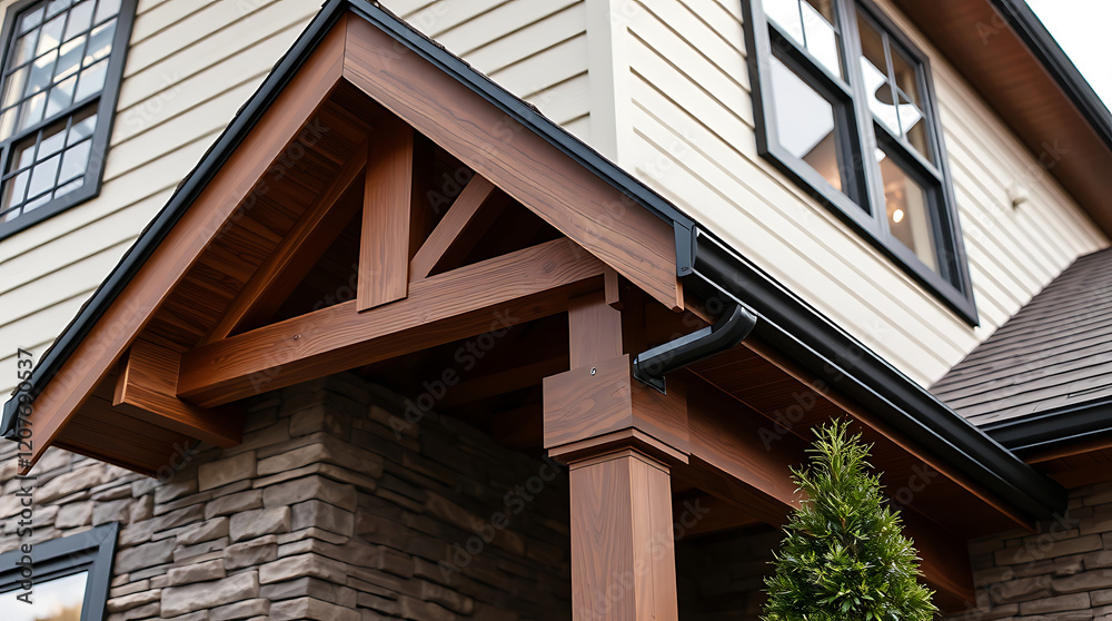 Fototapeta premium Modern House Exterior with Wood Porch and Stone Accents. High-end residential architecture, showcasing stunning design and craftsmanship details.