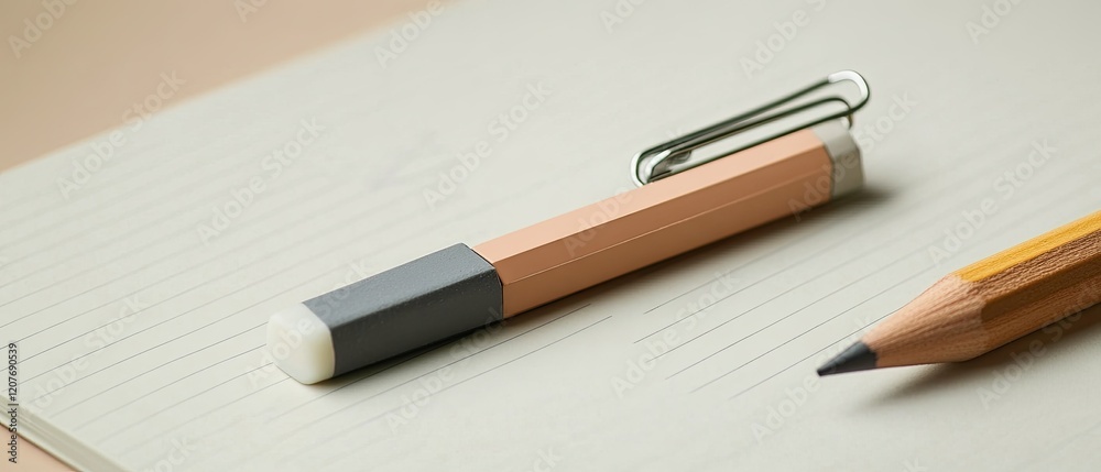 A close-up of two pencils on a lined notebook. One pencil has an eraser and a paper clip, the other is sharpened. A close-up of two pencils on a lined notebook. One pencil has an eraser and a paper clip, the other is sharpened.