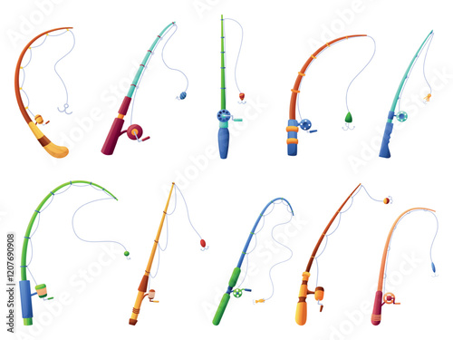 Fishing rods. Cartoon rod with spinning lines, reel, handles. Isolated fisherman tools for fish catching in pond river or sea. Angling equipment nowaday vector set