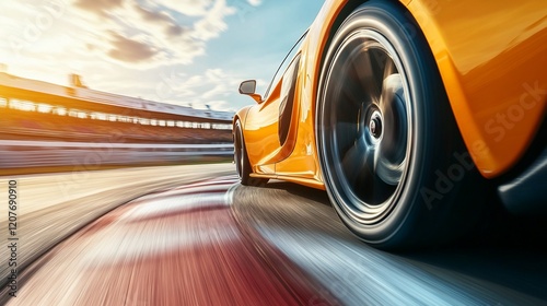 Orange Supercar Speeding on Race Track, Sunset