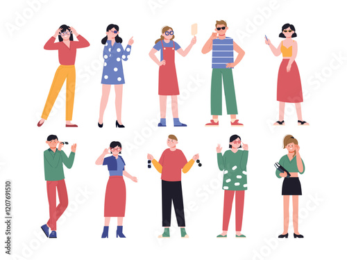 People wear glasses. Teenagers try fashion glasses, students in optic store. Ophthalmology, stylish young adults vision correction, splendid vector characters