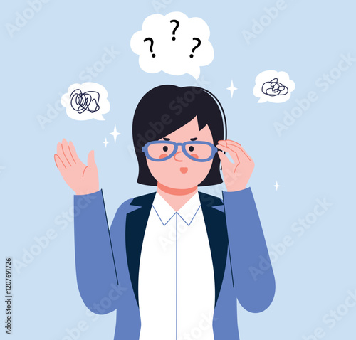 Woman wear glasses. Confused frustrated puzzled character in eyeglasses thinking. Oops situation, wrong decision. Surprised office girl splendid vector scene