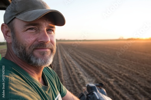 A smiling farmer enjoys a serene sunrise view over freshly plowed fields, showcasing a blend of hard work and rewarding moments in agricultural life.