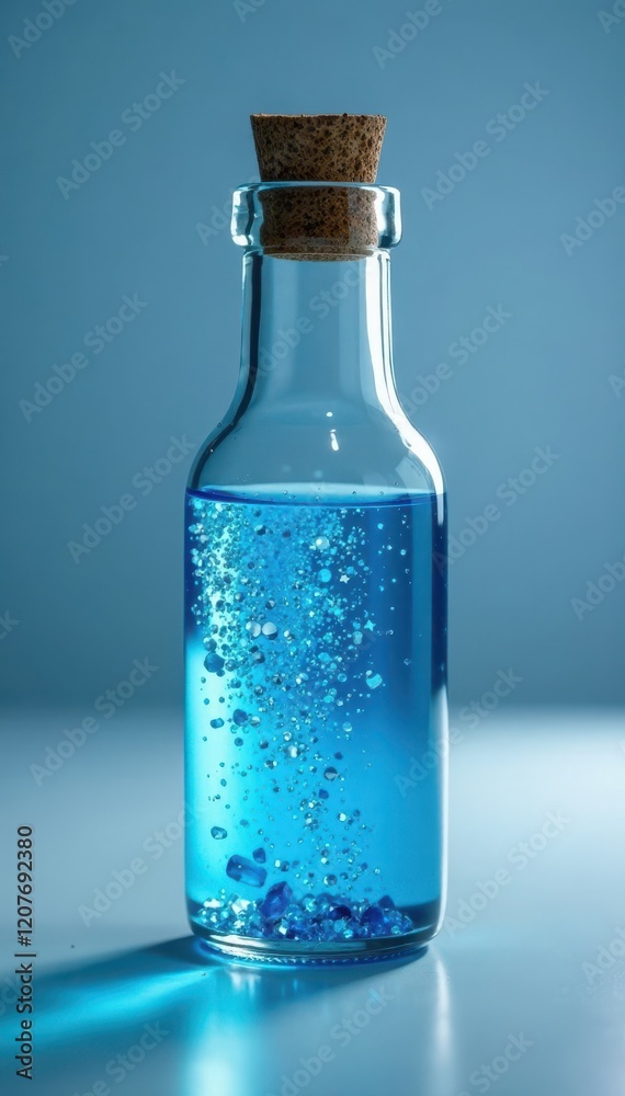 Glass vial filled with blue crystal particles and water with a subtle gradient effect, glass container, subtle, blue crystal Glass vial filled with blue crystal particles and water with a subtle gradient effect, glass container, subtle, blue crystal
