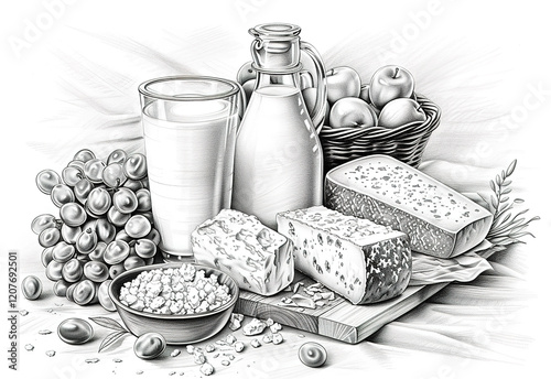 Fresh dairy and fruits arranged on a rustic wooden table with natural light
