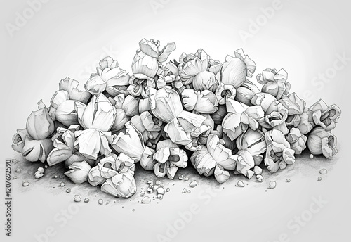 Popcorn pile illustrated in black and white showcasing intricate details and textures