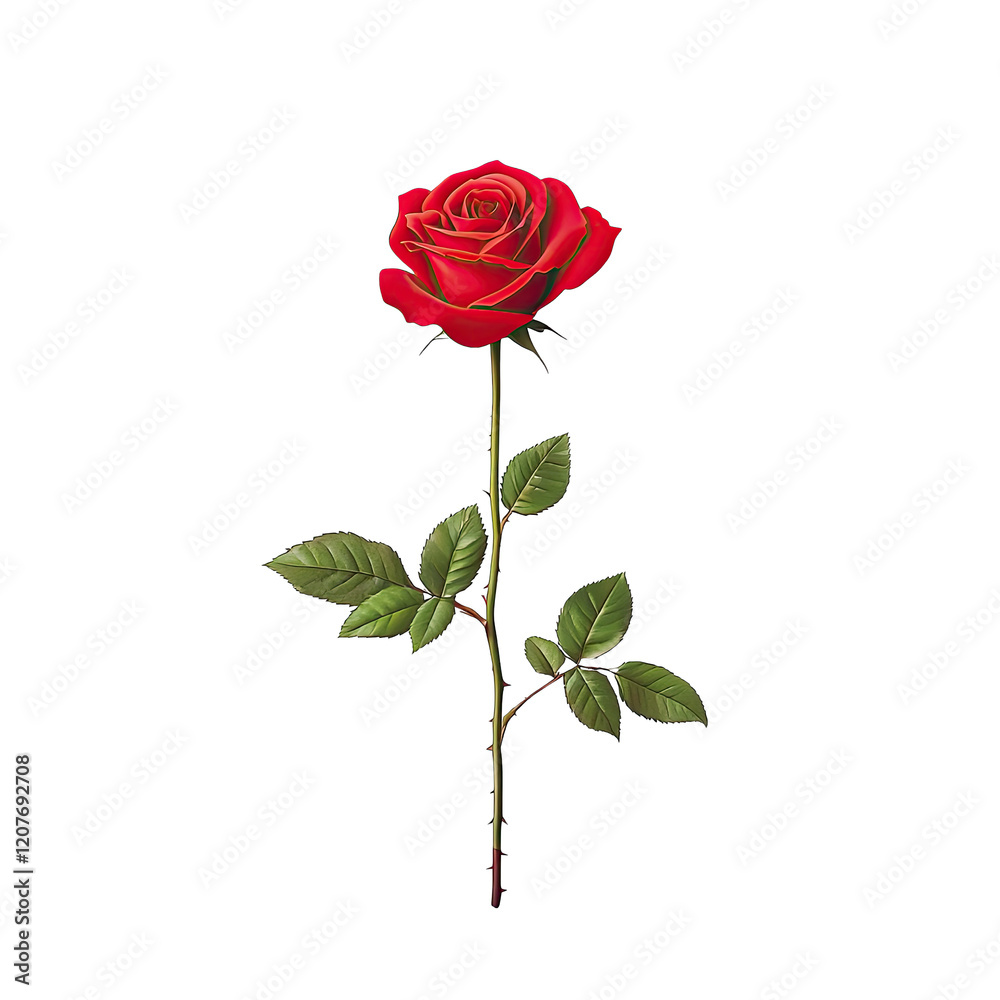 Vibrant Red Rose Flower with Green Leaves Isolated on a White Background for Nature and Romance Themes Vibrant Red Rose Flower with Green Leaves Isolated on a White Background for Nature and Romance Themes