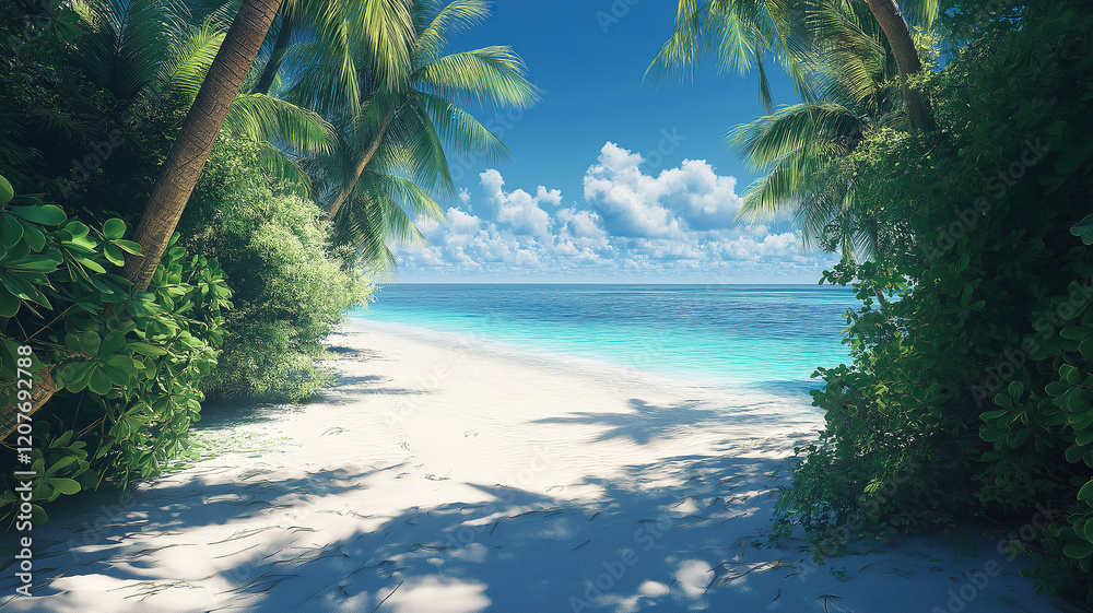 Fototapeta premium Idyllic Maldives tropical beach with vibrant blue waters and lush palm trees.