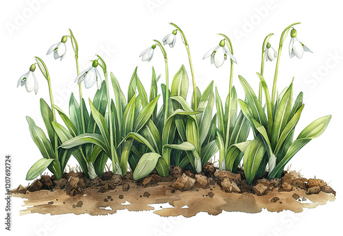 Snowdrop watercolor painting showcasing delicate flowers in a lush, green setting