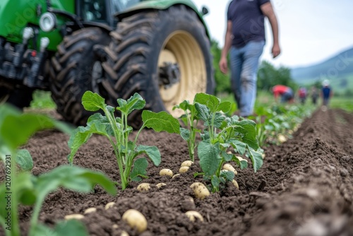 A farmer walks through lush green potato plants, showcasing the growth of the crop alongside a tractor in a picturesque agricultural landscape under a cloudy sky. photo