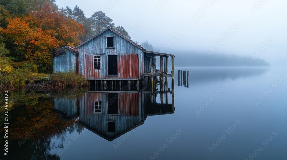 Obraz premium A rustic warehouse along a quiet harbor, its weathered exterior reflecting years of history,