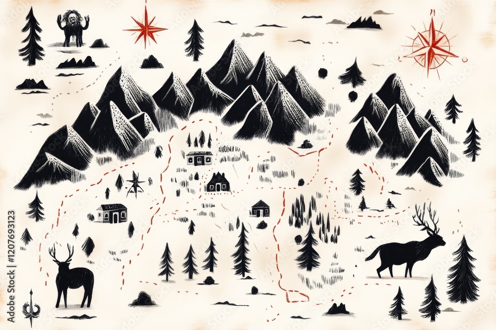 Fototapeta premium A fantasy-inspired map of Wyoming with mythical creatures, enchanted forests, and magical landmarks replacing real locations, drawn in a whimsical style