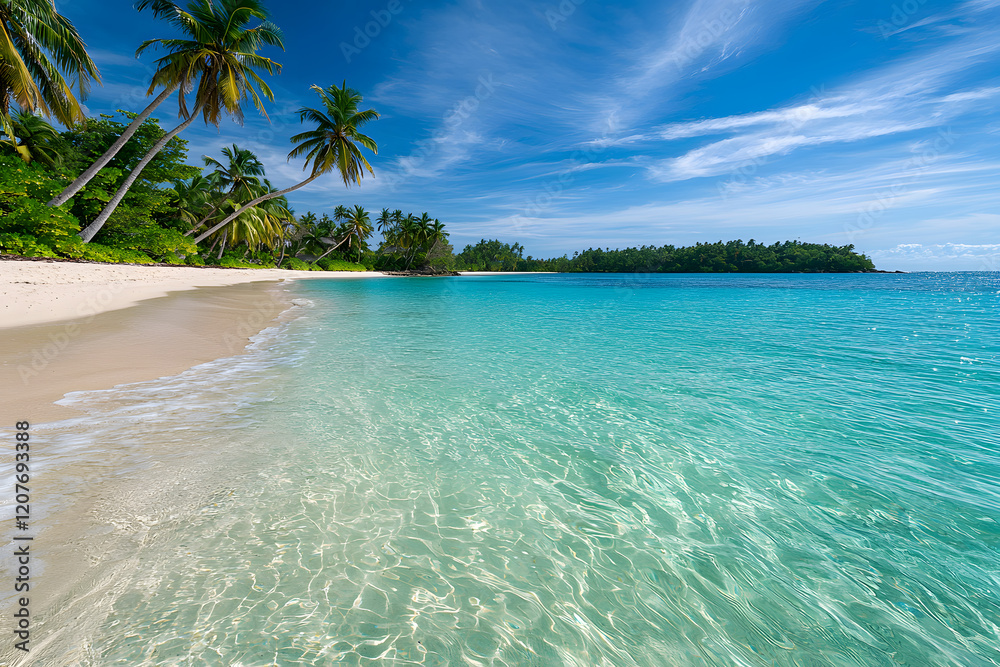 Fototapeta premium Relaxing beach day tropical island nature scenery calm waters panoramic view serenity and escape