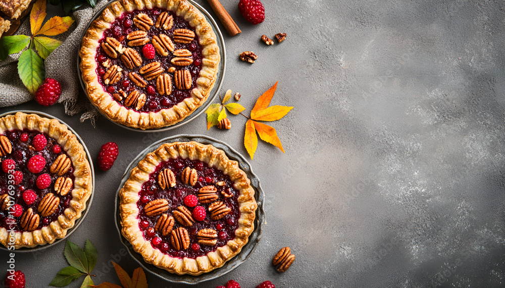 Autumn Pies on rustic background, top view, copy space. Homemade seasonal pastry - berries and pecan pies or tarts for Thanksgiving and autumn holidays Autumn Pies on rustic background, top view, copy space. Homemade seasonal pastry - berries and pecan pies or tarts for Thanksgiving and autumn holidays