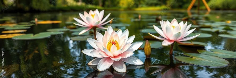 Beautiful lily flowers blooming in a serene pond with soft water ripples and surrounding trees, water ripples, serenity Beautiful lily flowers blooming in a serene pond with soft water ripples and surrounding trees, water ripples, serenity