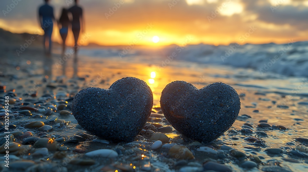 Fototapeta premium Sunset Beach Love Two Stone Hearts on Pebbles