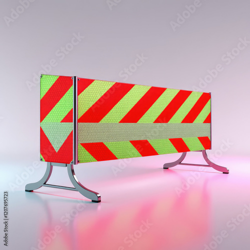 Close-up of reflective warning barricade with diagonal stripes and geometric design, reflective, safety, construction, pattern, yellow