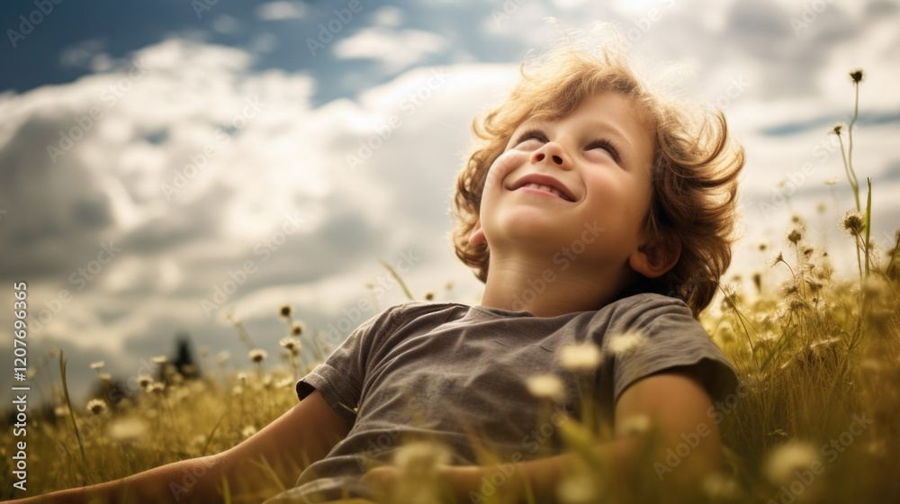 Smiling young boy lying in a sunlit field of flowers looking at the blue sky with clouds. Outdoor Childhood Education and Wellness. International Children’s Day. National Relaxation Day. Smiling young boy lying in a sunlit field of flowers looking at the blue sky with clouds. Outdoor Childhood Education and Wellness. International Children’s Day. National Relaxation Day.