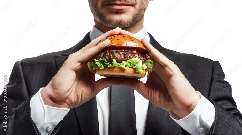 Delicious juicy burger in hands, isolated on white background Delicious juicy burger in hands, isolated on white background