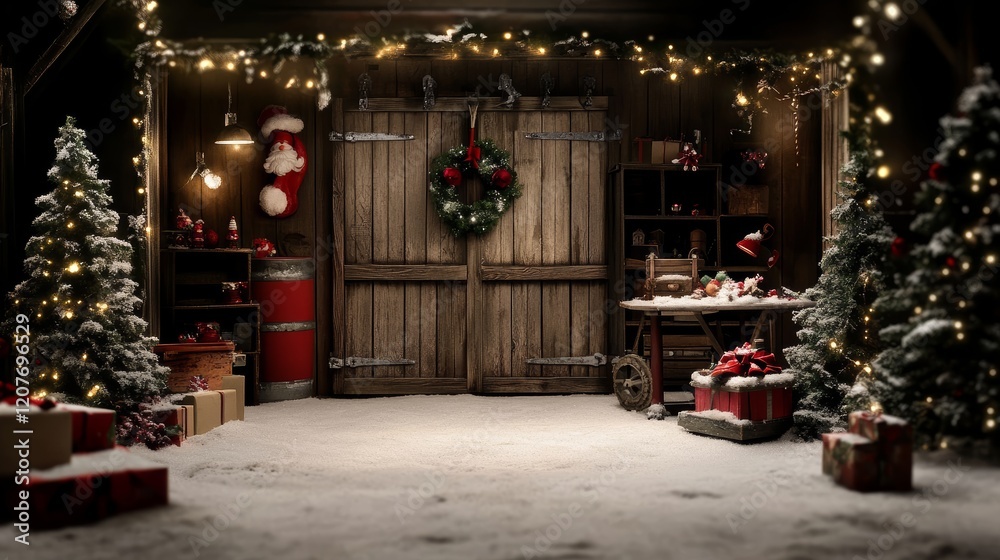 Fototapeta premium A charming holiday scene with Santa in a cozy workshop setting.