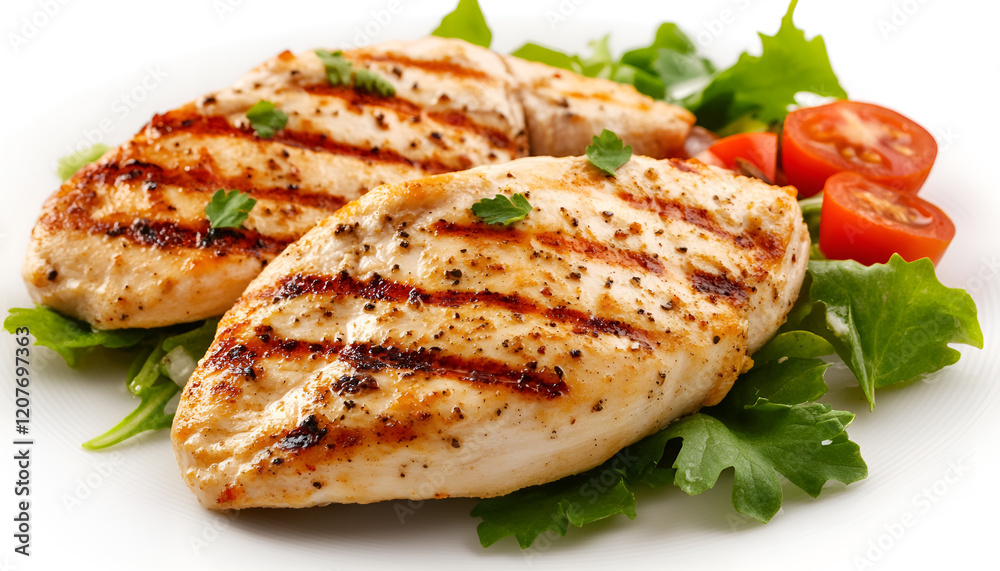 Healthy keto, ketogenic lunch with grilled chicken meat and organic tomatoes and greens. Roasted chicken breast, fillet and fresh vegetable salad, white background, copy space Healthy keto, ketogenic lunch with grilled chicken meat and organic tomatoes and greens. Roasted chicken breast, fillet and fresh vegetable salad, white background, copy space