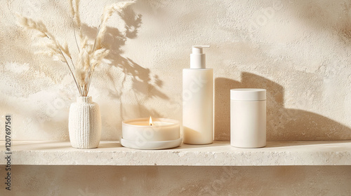 cosmetics primer luxury concept, A serene display of minimalist skincare products and a candle on a textured shelf, complemented by decorative dried flowers.