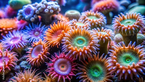 Close-up shot of coral polyps with seaweed and anemones, coral ecosystem, anemone photo