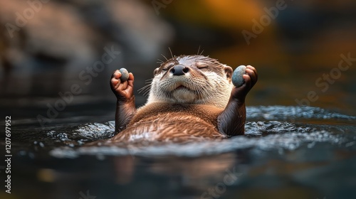 A playful otter floating on its back in a river, holding a small stone in its paws,