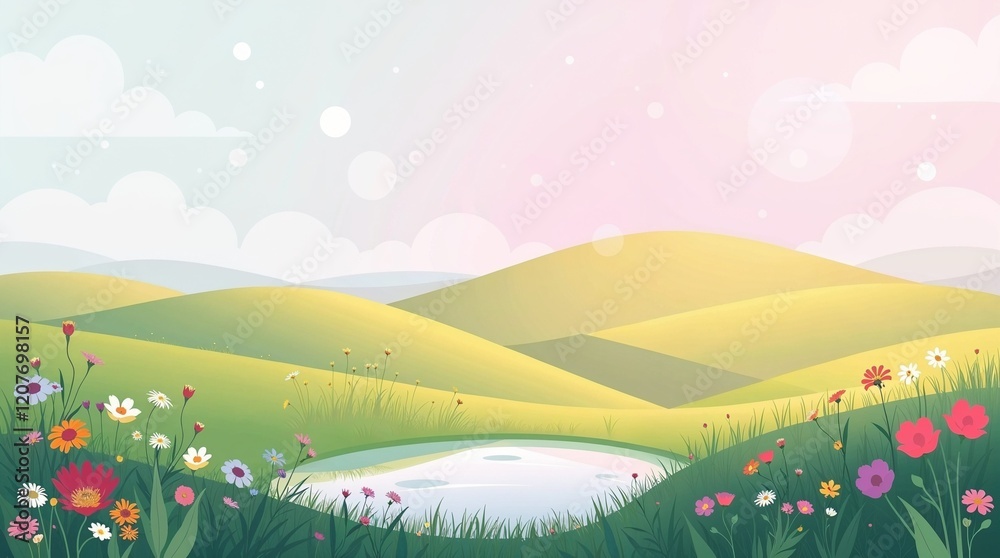 Fototapeta premium Cartoon spring landscape with flowers and pond, with copy space