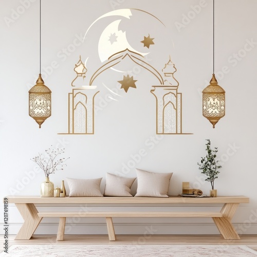 Serene Ramadan Decor: Elegant Ramadan decor with gold outline of mosque arch, crescent moon, and stars on a wall, complemented by two hanging lanterns and a minimalist wooden bench. photo