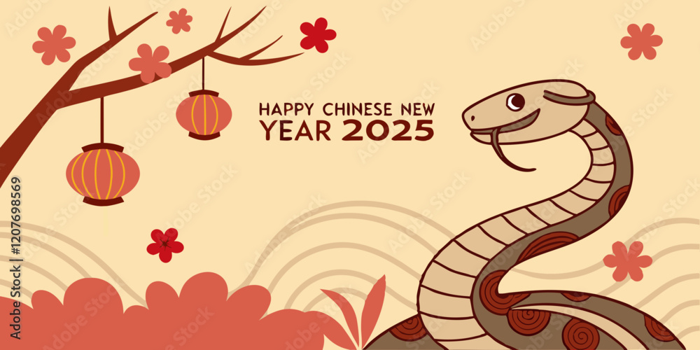 Fototapeta premium celebration of Chinese New Year 2025, highlighting the Year of the Snake. With bright colors and traditional elements like red lanterns and elegant snake motifs. Creaeted with generative AI.
