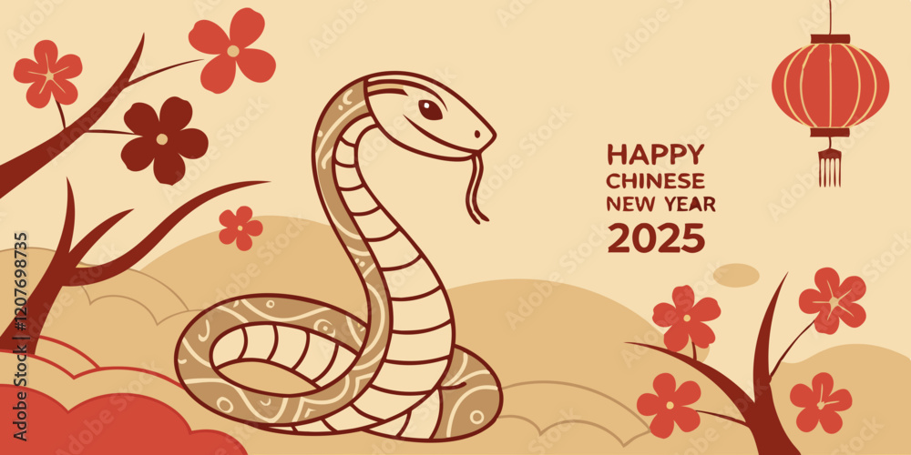 Fototapeta premium celebration of Chinese New Year 2025, highlighting the Year of the Snake. With bright colors and traditional elements like red lanterns and elegant snake motifs. Creaeted with generative AI.