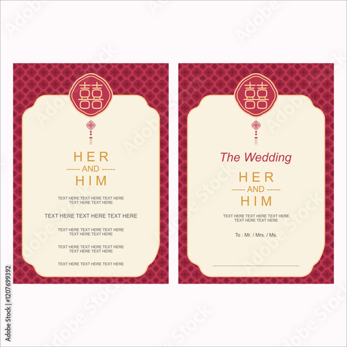 Chinese wedding invitation with calligraphy 囍 (shuang xi) meaning is double happiness. The Double Happiness symbol has traditionally been associated with marriage. Eps 10.