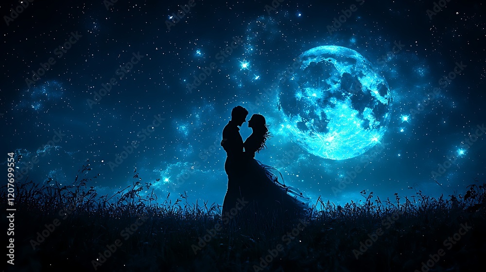 Naklejka premium Romantic Couple Silhouette Under Blue Moon and Starry Night Sky