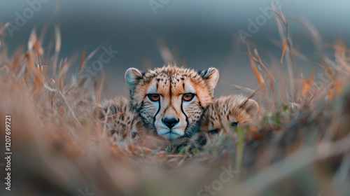 A cheetah mother resting with her cubs in tall grass, their eyes fixed on the horizon