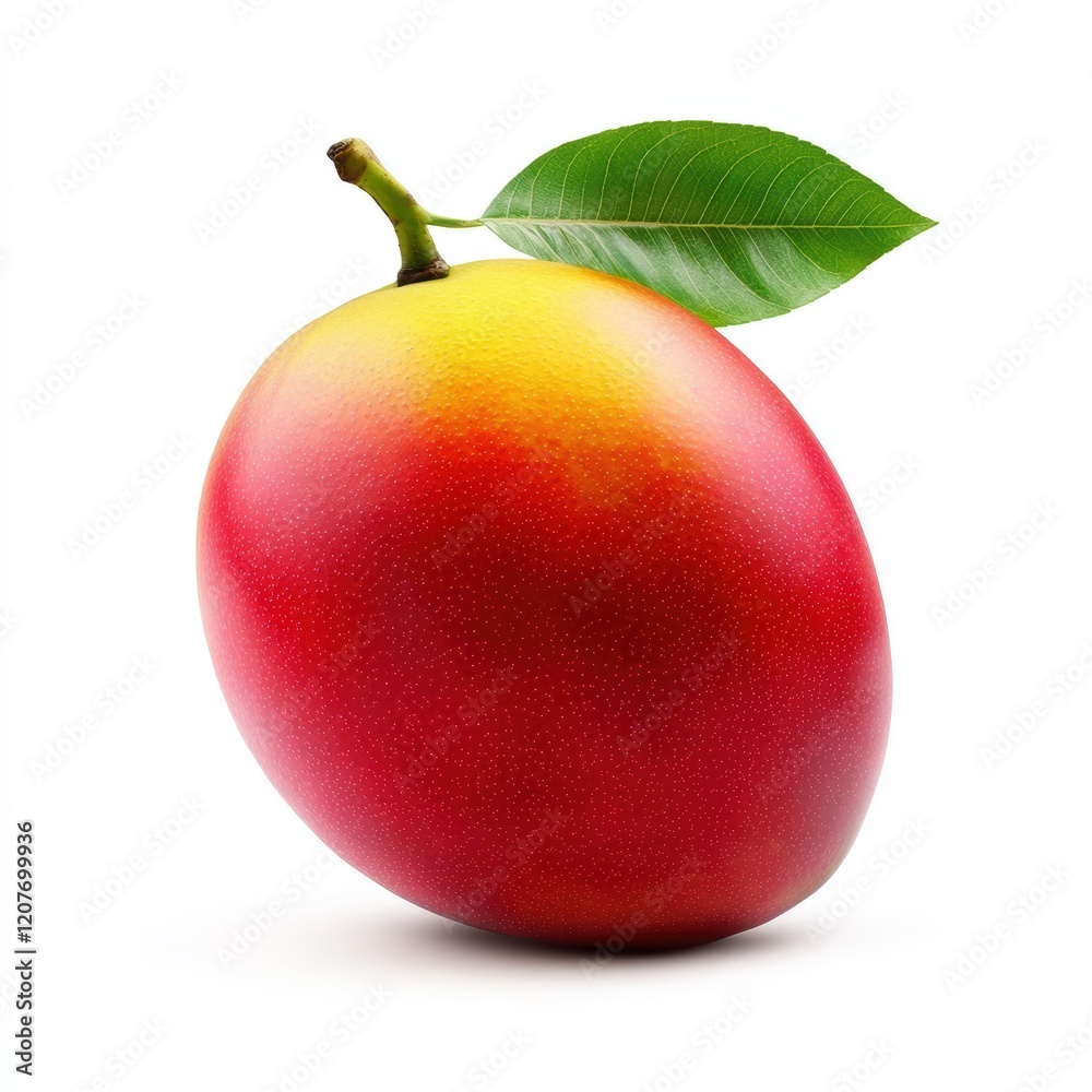 Fresh and Juicy Mango with Green Leaf on White Background Fresh and Juicy Mango with Green Leaf on White Background
