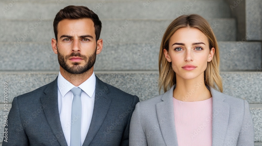 Power Couple: A confident man and woman in sleek business attire stand side-by-side, exuding professionalism and leadership, against a backdrop of modern architecture. Power Couple: A confident man and woman in sleek business attire stand side-by-side, exuding professionalism and leadership, against a backdrop of modern architecture.