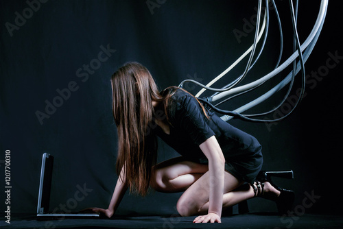 woman with wires on her back working on computer. concept of modern technologies. artificial intelligence photo