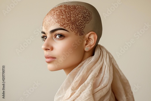 woman with shaved head and intricate henna tattoos adorning her scalp wearing delicate scarf against soft beige background photo