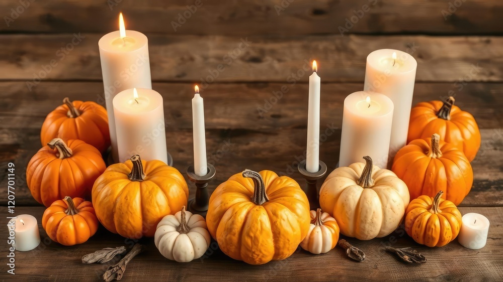 Candles and pumpkins in a symmetrical arrangement on a rustic wooden table, seasonal decor, wooden accents Candles and pumpkins in a symmetrical arrangement on a rustic wooden table, seasonal decor, wooden accents