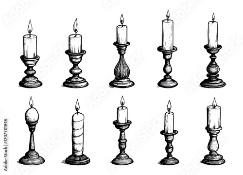 Antique Candlesticks Illustrations Set On White Unique Artwork Creative Design Vintage Icons Classic Lighting Decor Retro Home Accessories Collection Artistic Visuals Timeless