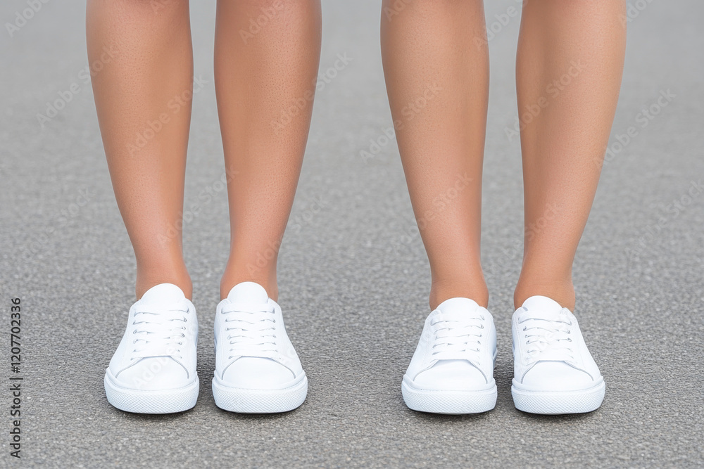 Two women with white shoes and bare legs Two women with white shoes and bare legs