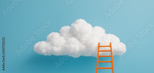 A vibrant orange ladder leans against a fluffy white cloud on a blue background, symbolizing ambition and goals. Ideal for business, success, or creative concepts.