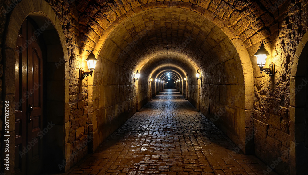 Bastille Prison Bastille Day Copy space Brick tunnel with glowing lanterns at night Bastille Prison Bastille Day Copy space Brick tunnel with glowing lanterns at night